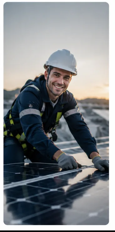 Instalador sonriente trabajando sobre paneles solares