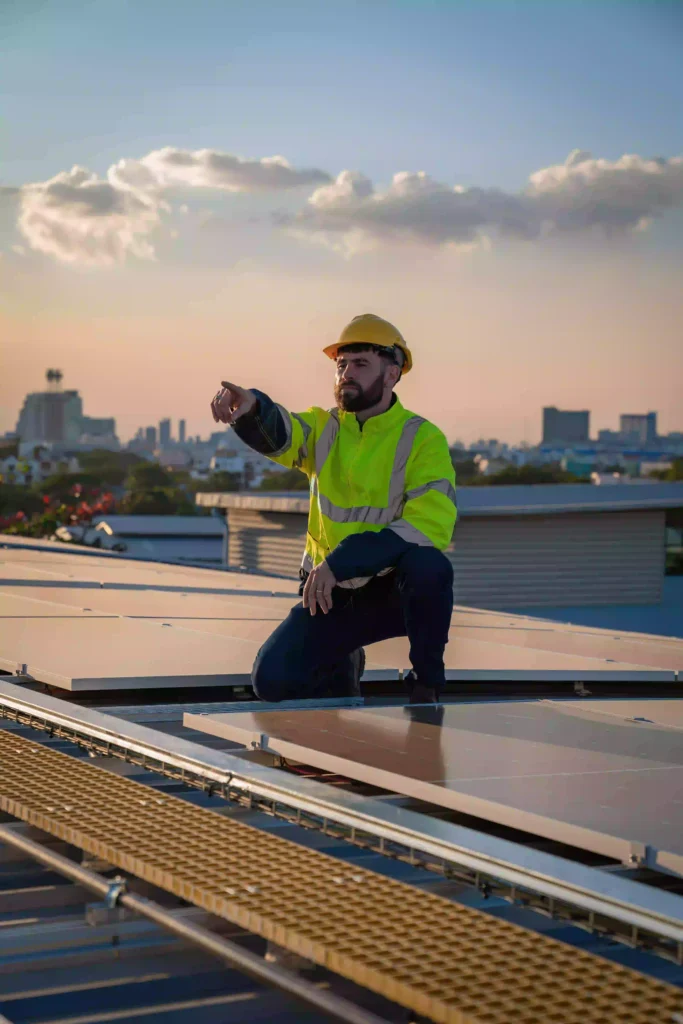 Persona mayor instalador de paneles solares